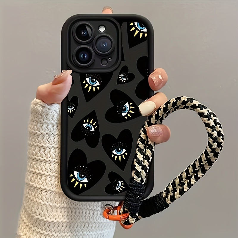 Phone Cases With Straps - جراب هاتف أسود بتصميم قلب الحب