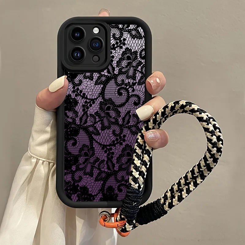 Phone Cases With Straps - جراب هاتف أسود بنفسجي من الدانتيل