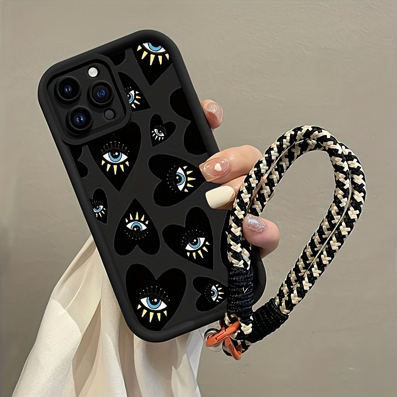 Phone Cases With Straps - جراب هاتف أسود بتصميم قلب وعين