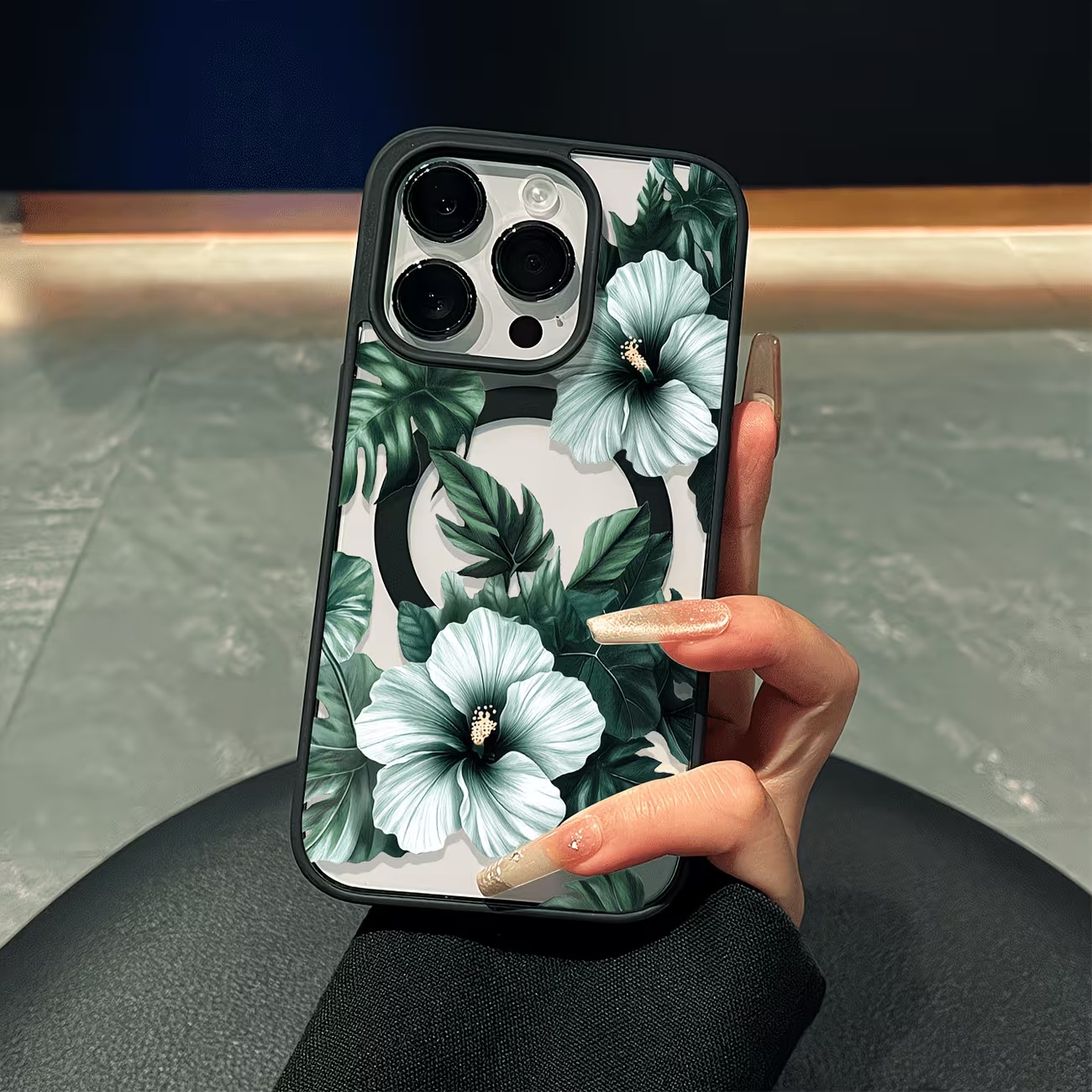 Phone Cases With Magnet - غطاء هاتف شفاف بتصميم زهور خضراء